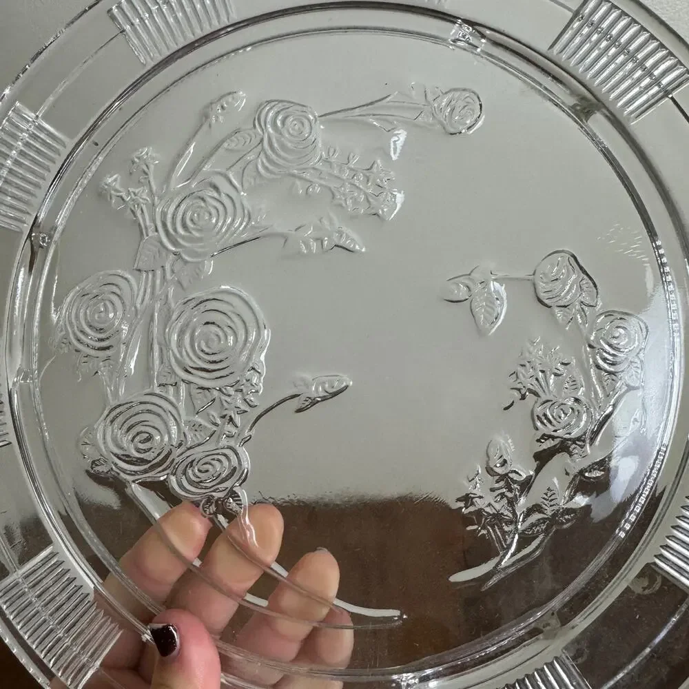 Federal Glass Vintage Pressed Glass Floral Rose Design Cake Dessert Footed Plate